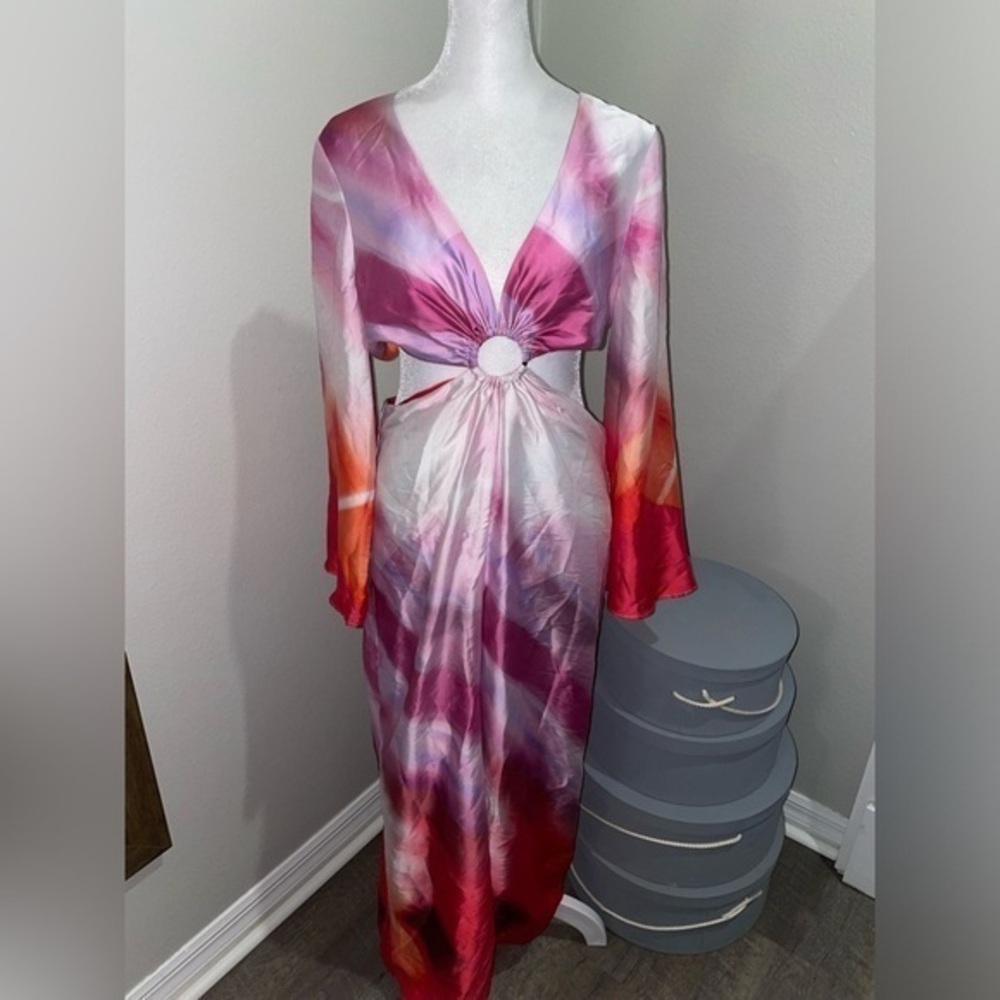 RIVER ISLAND PETITE PINK PRINT SATIN CUT OUT JUMPSUIT UK 12/US 8